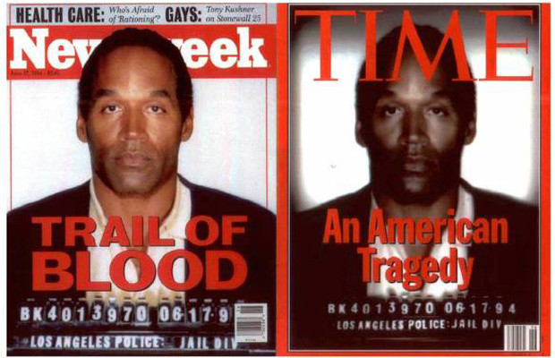 Comparison of O.J. Simpson's mug shot on the cover of Time and Newsweek in 1994