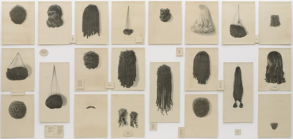 Lorna Simpson Wigs (Portfolio) 1994 Portfolio of twenty-one lithographs on felt, with seventeen lithographed felt text panels, 6' x 13' 6"